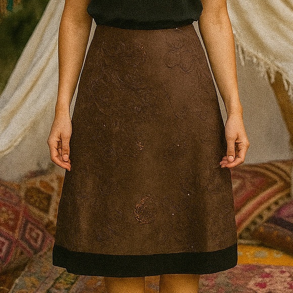 1141 MSK Petite A Line Circle Skirt Velvet Trim Sequin Florals Boho GORGEOUS! - Picture 1 of 9
